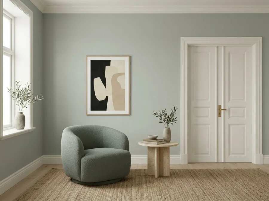 Visualisering av ett rum i färgsättningen Dov salvia